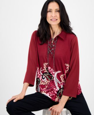 Women's Printed Lace-Up Collared Top, Exclusively at Macy's