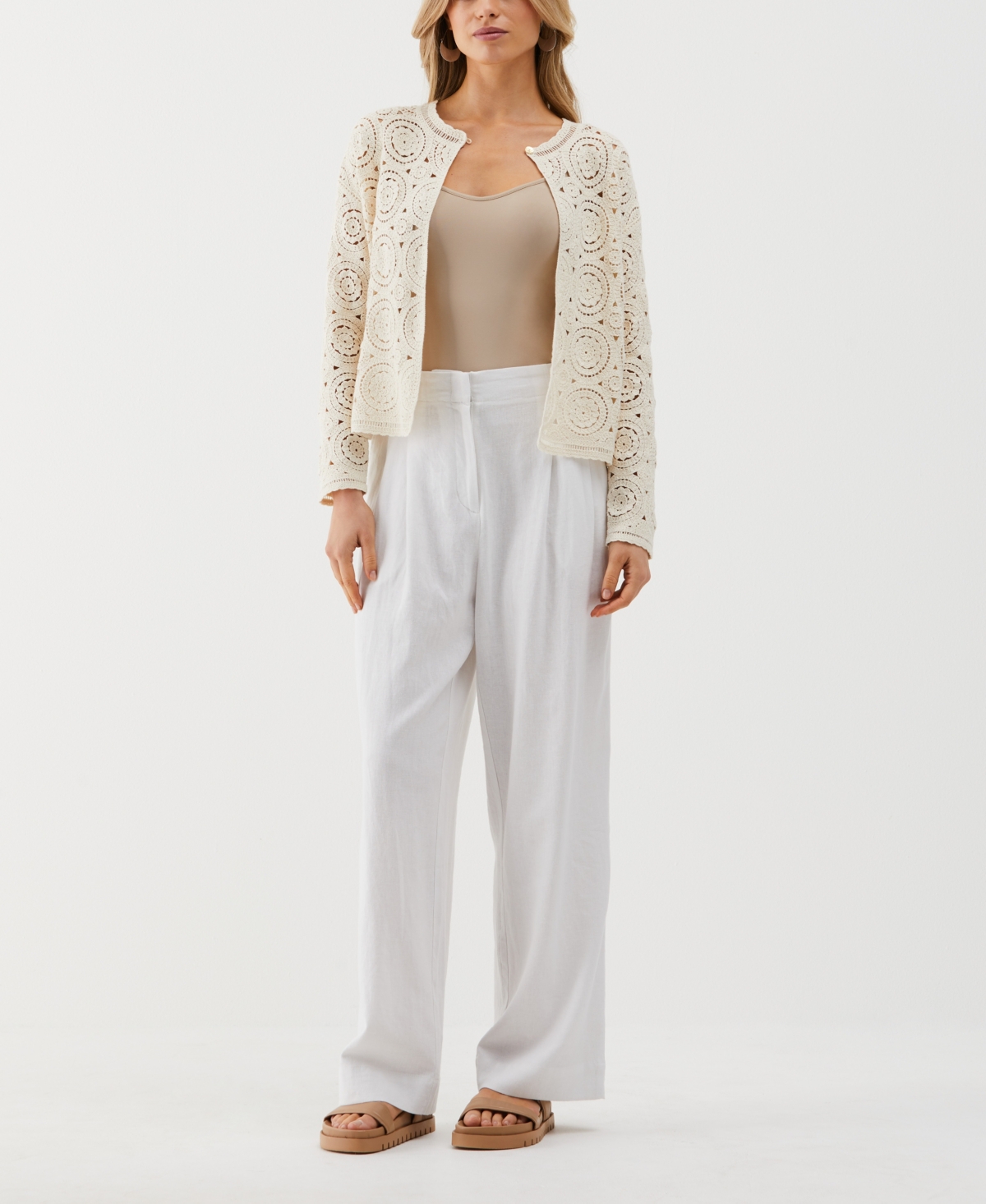 Petite Crochet Long Sleeve Cardigan Sweater - White Swan