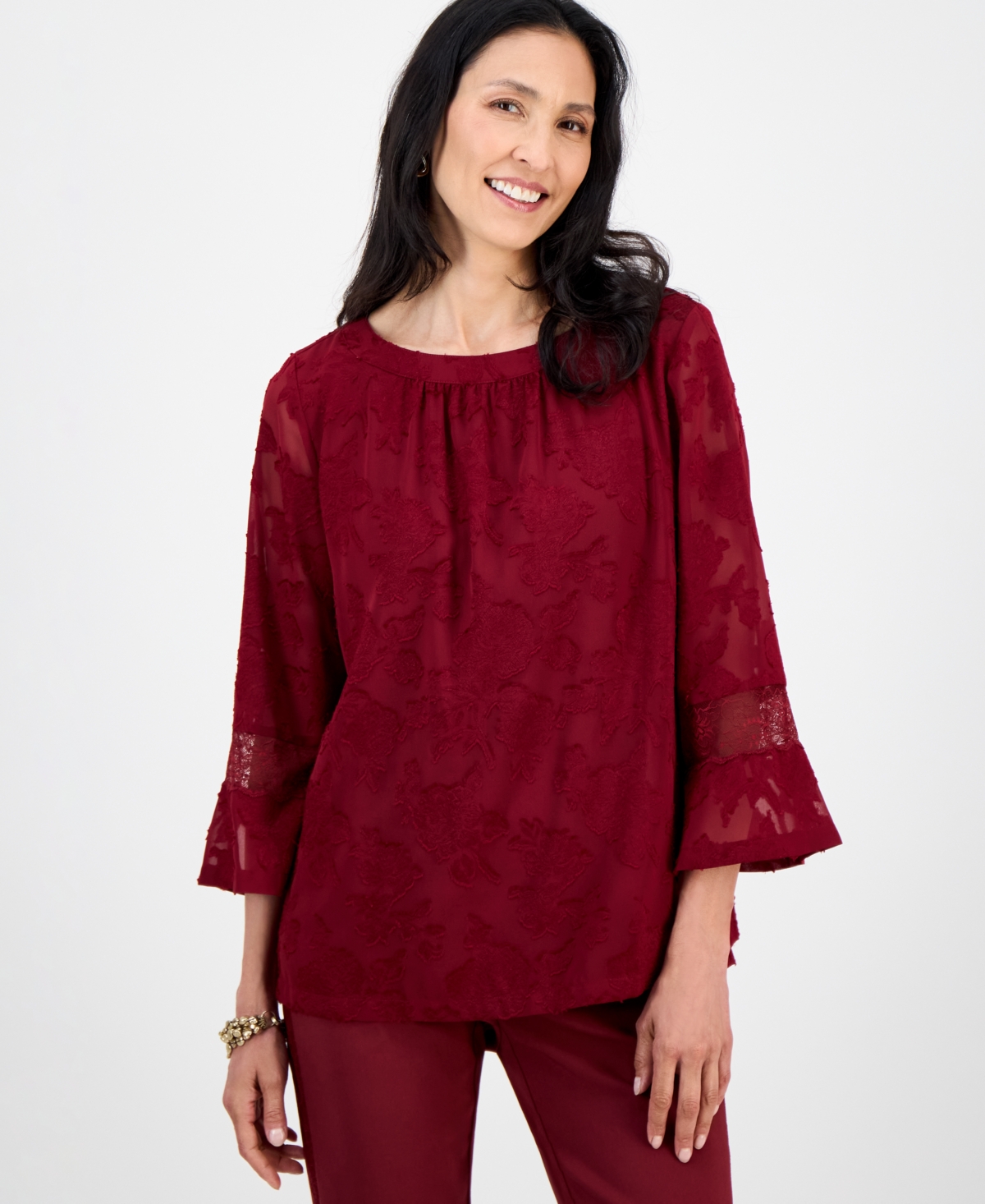 Jm Collection Women's Jacquard Lace-trim Blouse, Exclusively At Macy's
