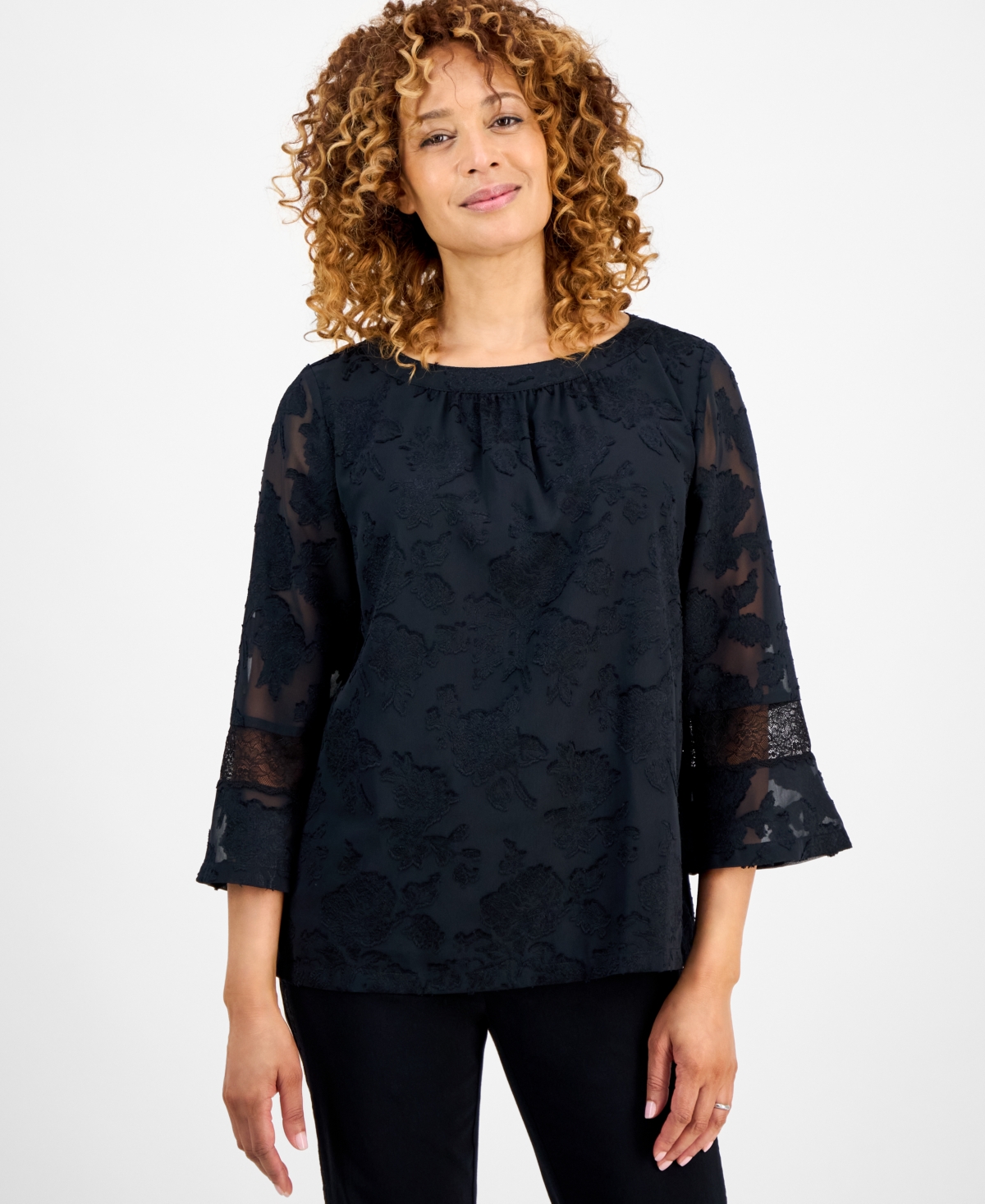 Jm Collection Women's Jacquard Lace-trim Blouse, Exclusively At Macy's In Black