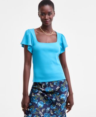 Women's Square-Neck Flutter-Sleeve Ribbed Top