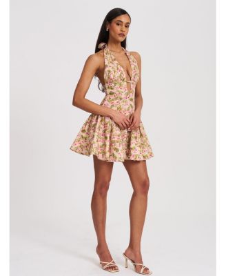 Women's Mackenzie Green and Pink Floral Print Halter Linen Mini Dress