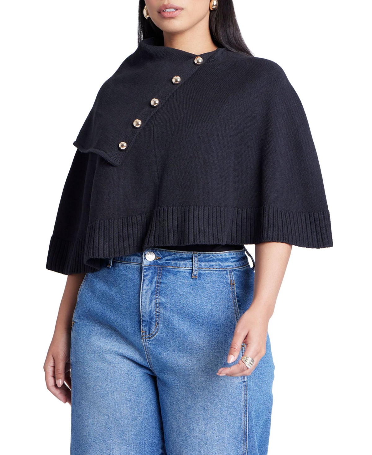 Women's Button Detail Sweater Poncho - Black onyx