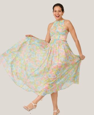 Women's Floral Pleated Bodice Halter Midi Dress