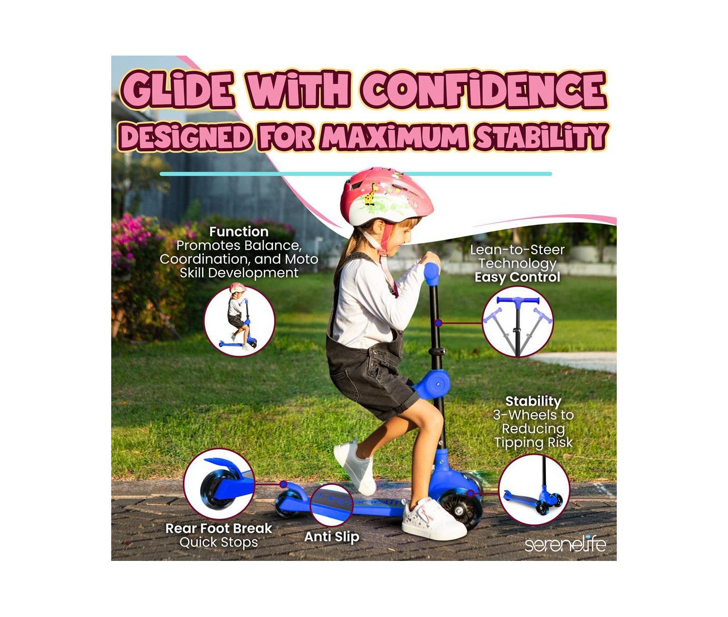 Детская игрушка SereneLife 3-Wheel Lean-to-Steer Built-in LED Wheel Lights Kids Scooter, Ages 2+, цвет: Синий — фото 3