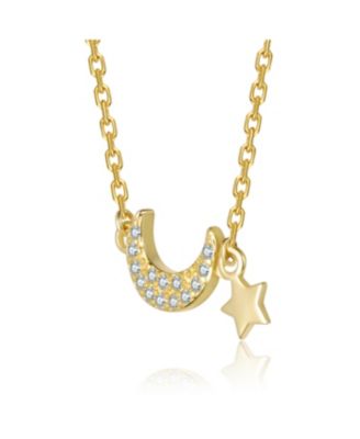 14K Gold Plated with Clear Cubic Zirconia Moon & Star Pendant Necklace