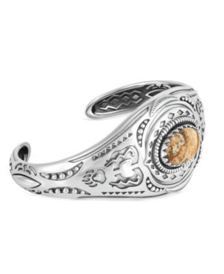 Sterling Silver Picture Jasper Oval Cut Bear Cuff Bracelet, Size Large