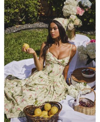 Women's Jacinda Green Floral Print Ruched Breast Linen Midi Dress