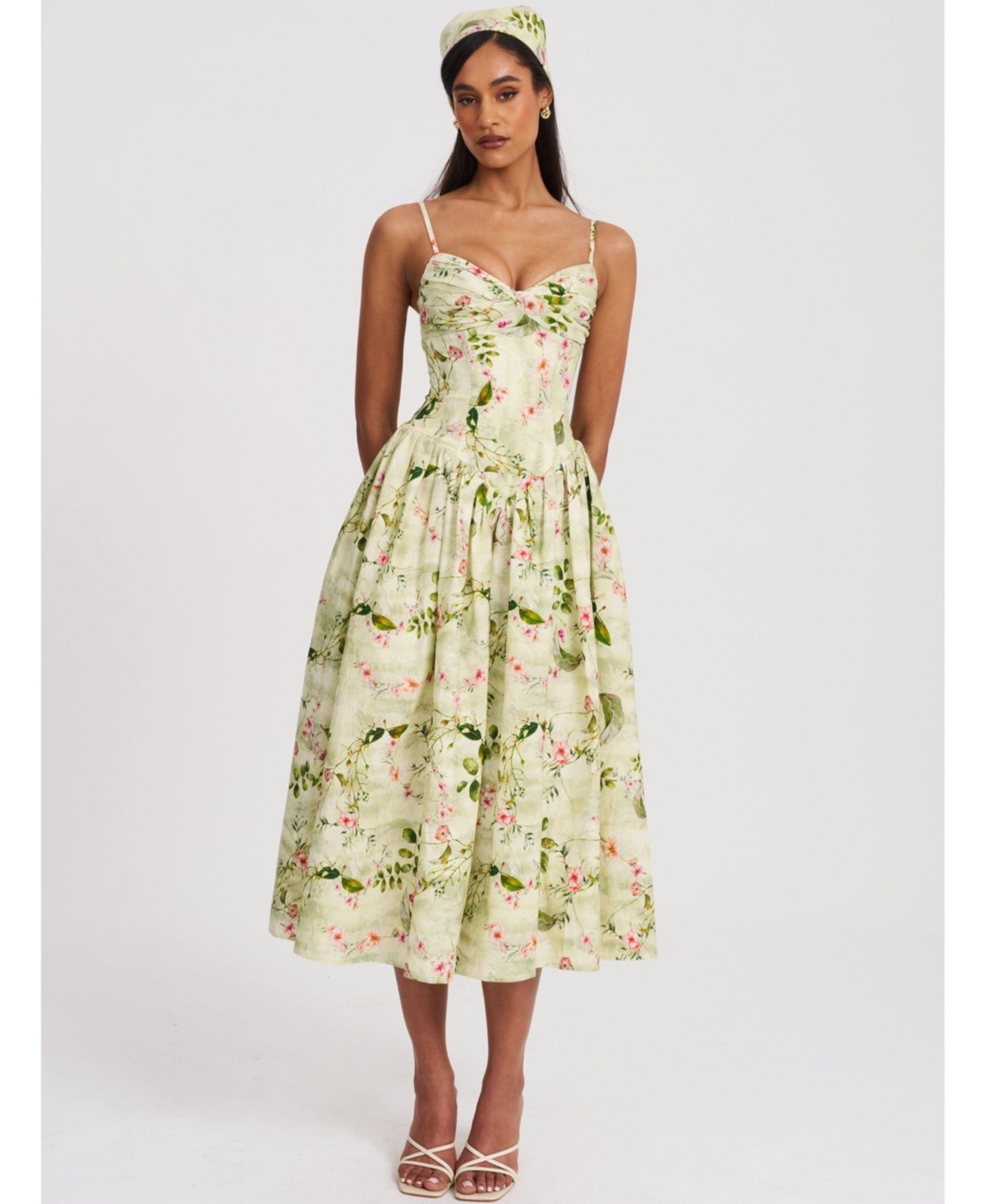 Women's Jacinda Green Floral Print Ruched Breast Linen Midi Dress - Green floral