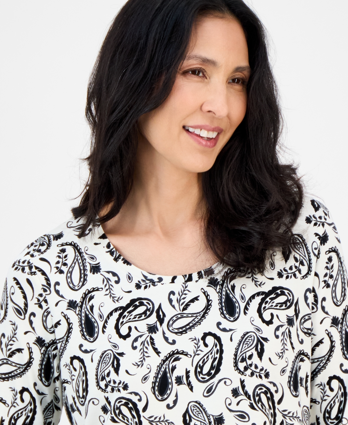 Jm Collection Women's Printed Scoop-neck 3/4-sleeve Top, Exclusively At Macy's In Black