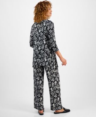 Jm Collection Womens Printed 3 4 Sleeve Swing Top Pull On Pants In Multi