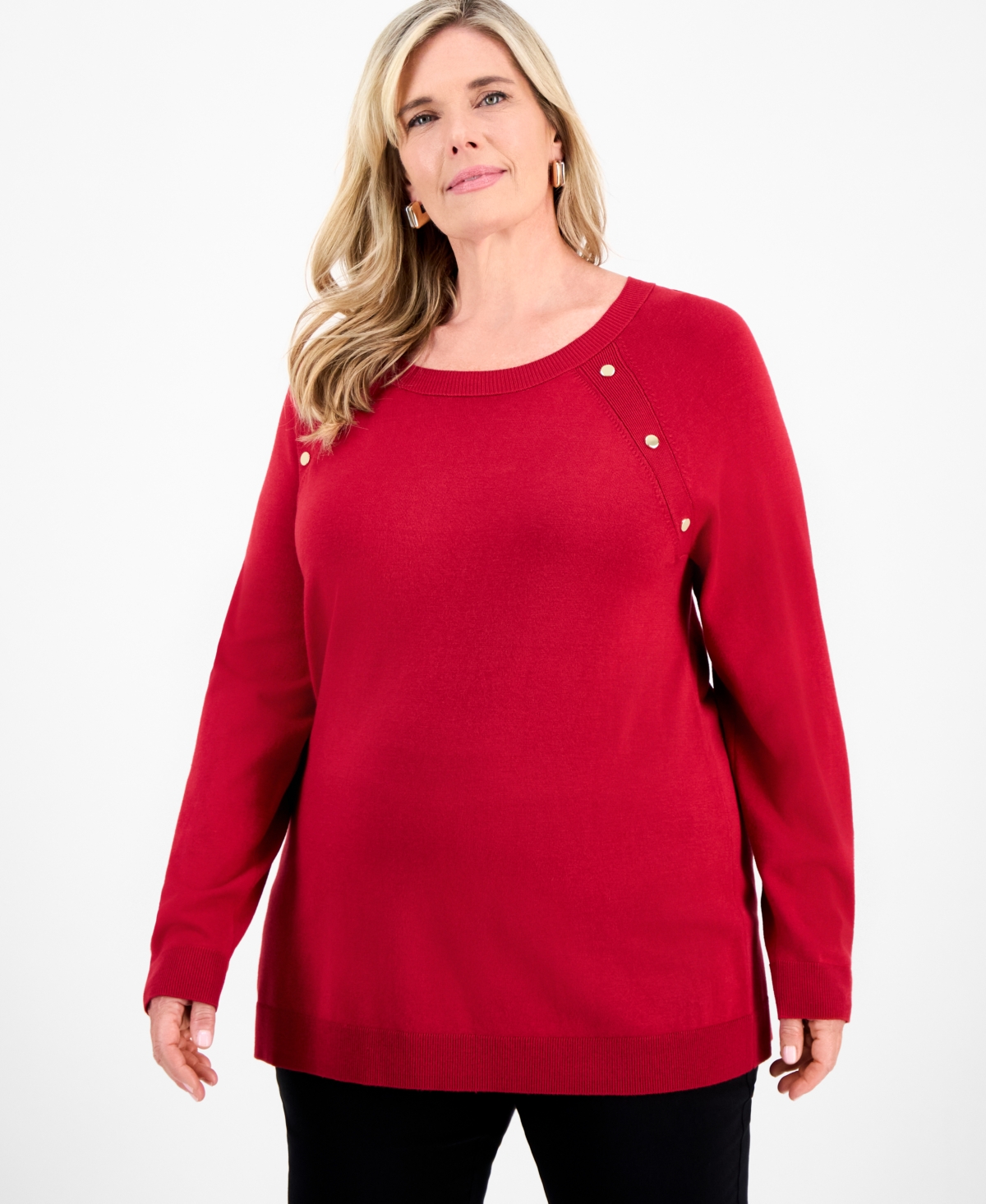 Jm Collection Plus Size Button-trim Sweater, Macy's Exclusive In Red