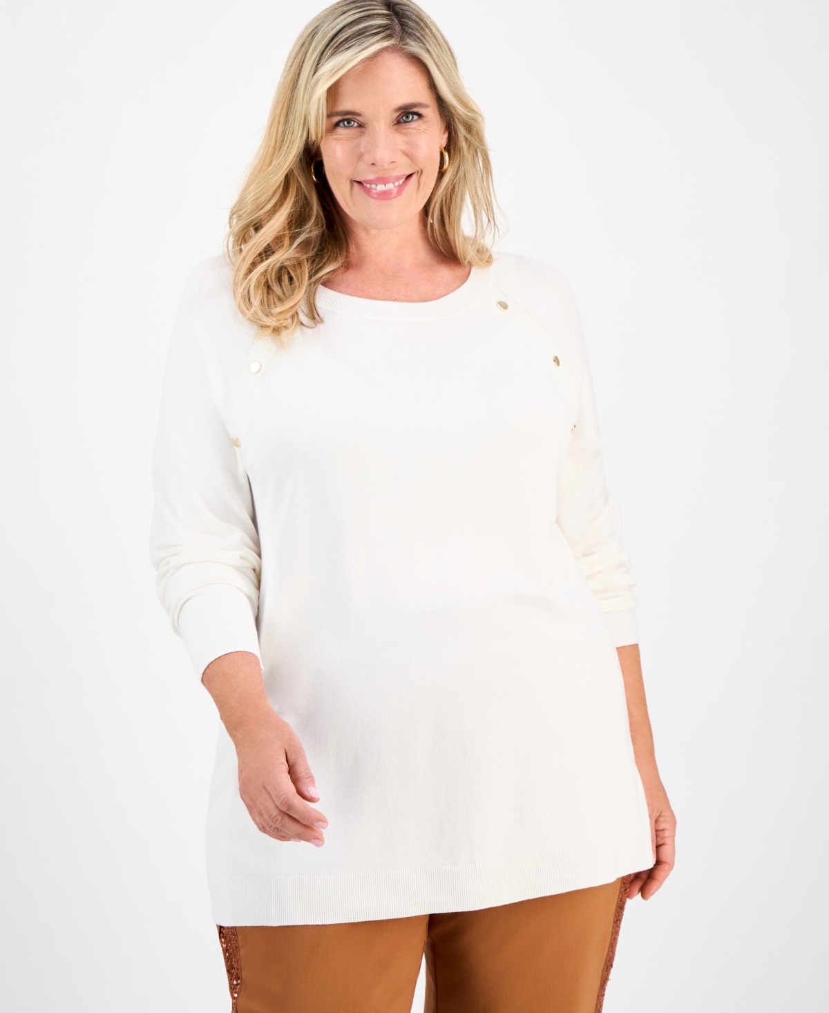 Jm Collection Plus Size Button-trim Sweater, Macy's Exclusive In Neutral