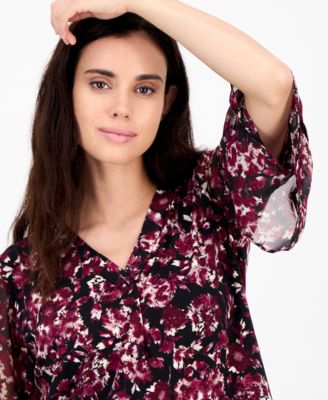 Petite Floral-Print Bell-Sleeve Blouse