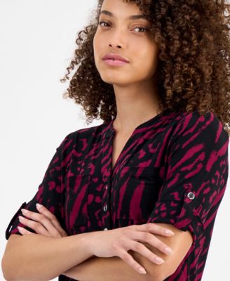 Petite Printed Rolled-Sleeve Button-Front Top