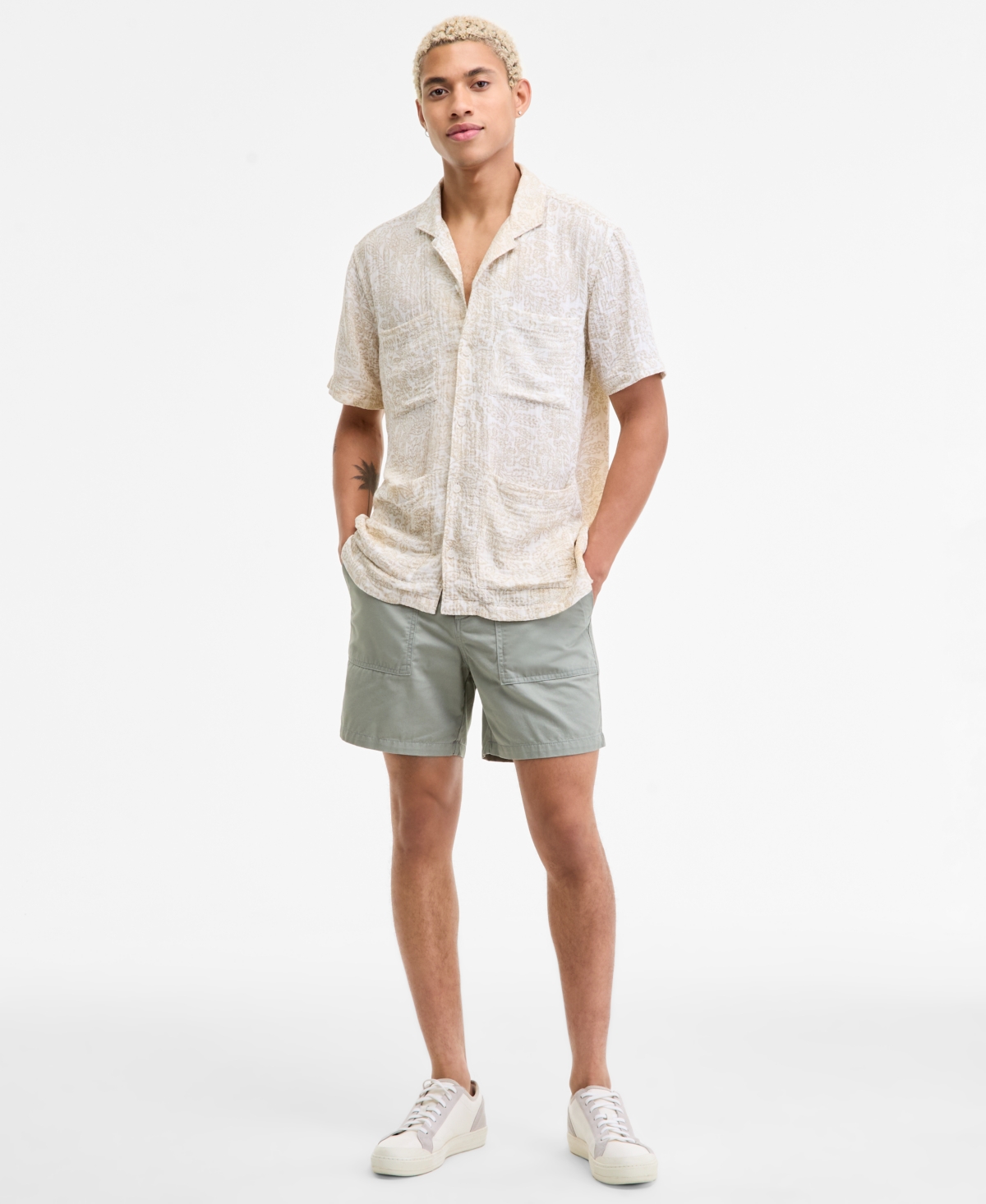 Sun + Stone Sun Stone Mens Camp Mays Regular Fit Printed Button Down Shirt Peter Regular Fit 6 Cotton Field Shor In White