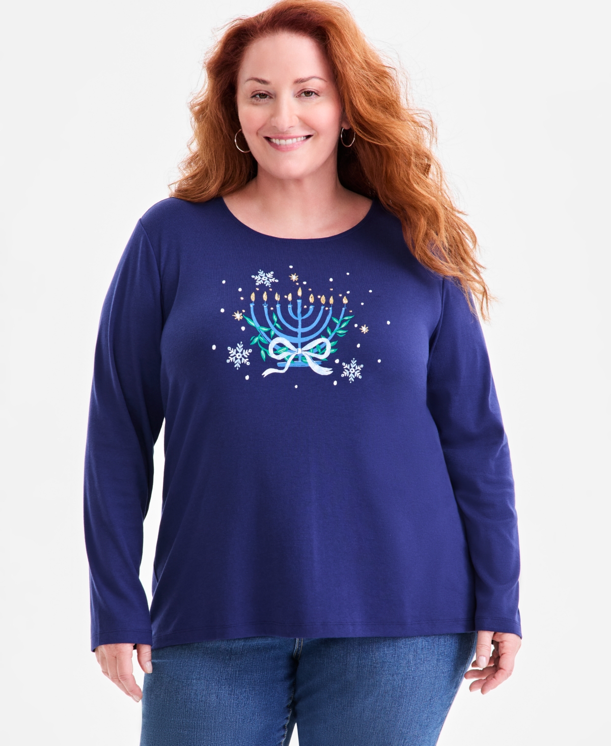Holiday Lane Plus Size Menorah Long-sleeve T-shirt, Macy's Exclusive In Blue