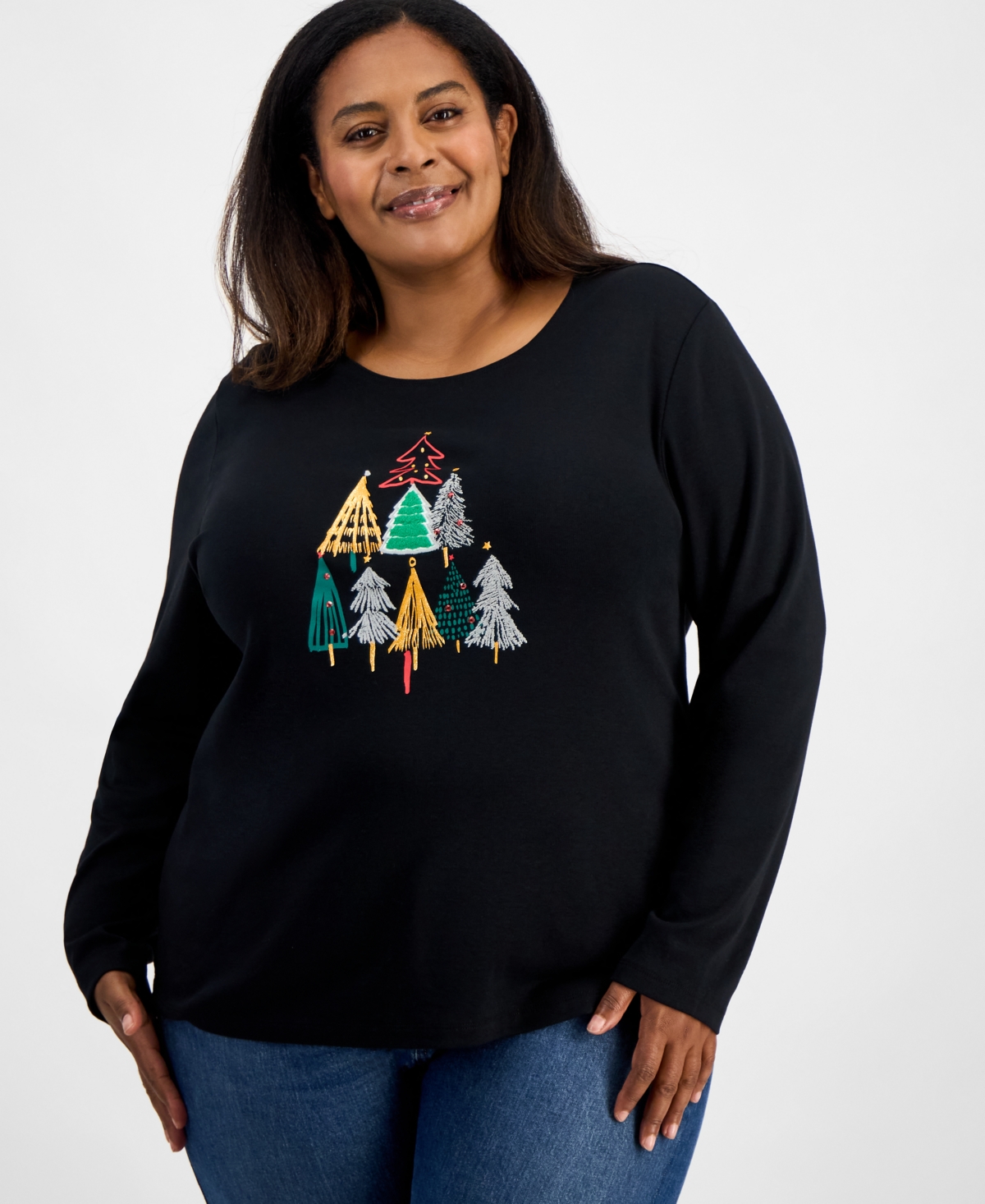 Holiday Lane Plus Size Festive Tree Long-sleeve T-shirt, Macy's Exclusive In Black