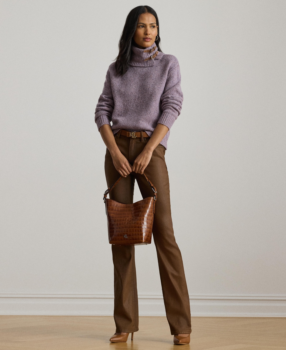 Ralph Lauren Buckle-trim Mélange Turtleneck Sweater In Purple