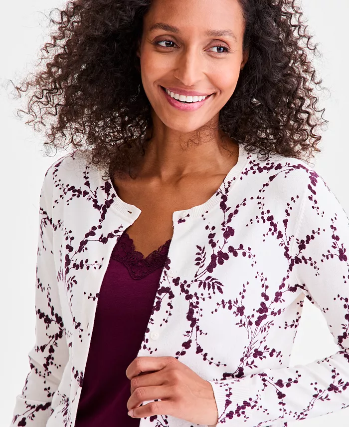 Women's Printed Crewneck Button-Front Cardigan - thumbnail 5