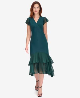 Tommy Hilfiger - Women's V-Neck How-Low Hem Chiffon-Trim Dress