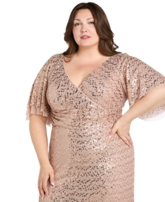 Plus Size Beaded Flutter-Sleeve Slit Gown