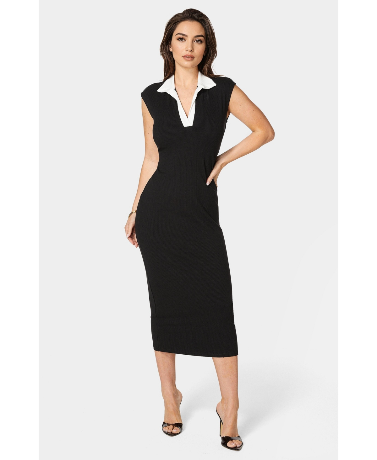 Women's Colorblock Rib Column Dress with Collar - Black white