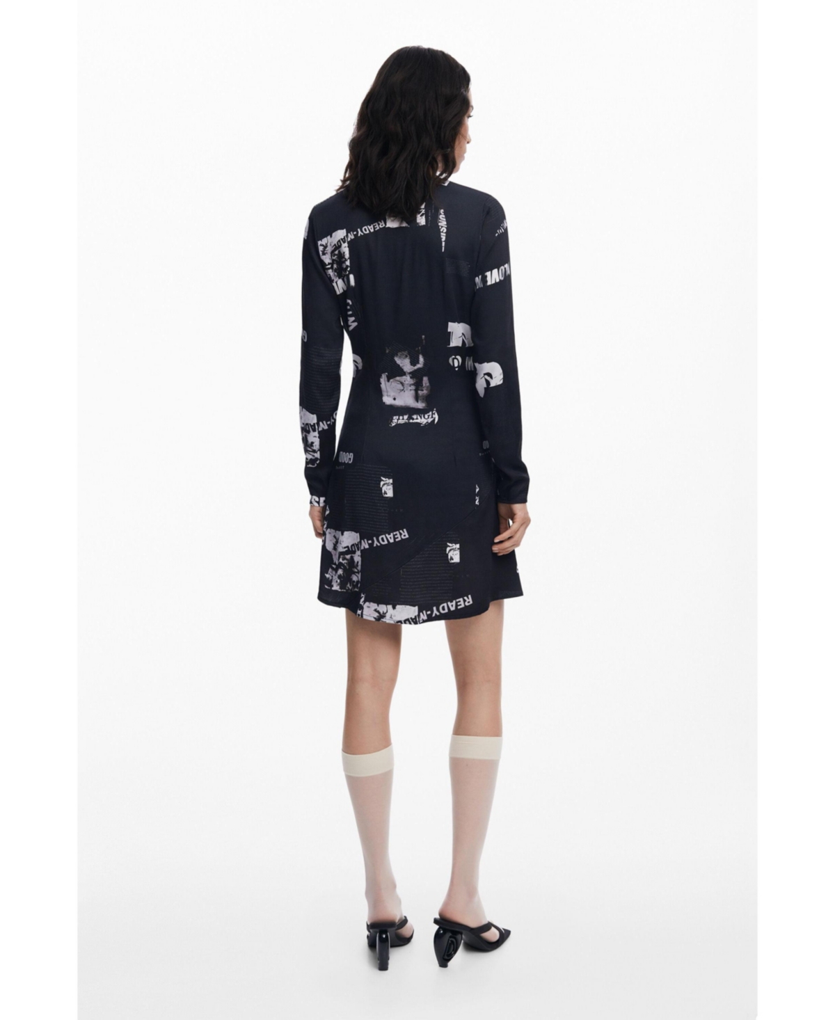 Desigual Newspaper Print Long Sleeve Dress In Black