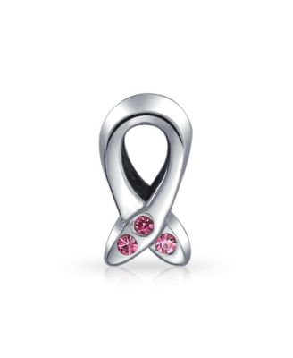 Set of 2 Empowering Pink Ribbon Breast Cancer Survivor Solid Dark Pink CZ Spacer Charm Bead Sterling Silver