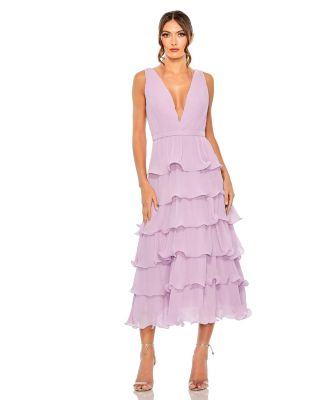 Mac Duggal Women's Deep V Chiffon Sleeveless Ruffle Midi