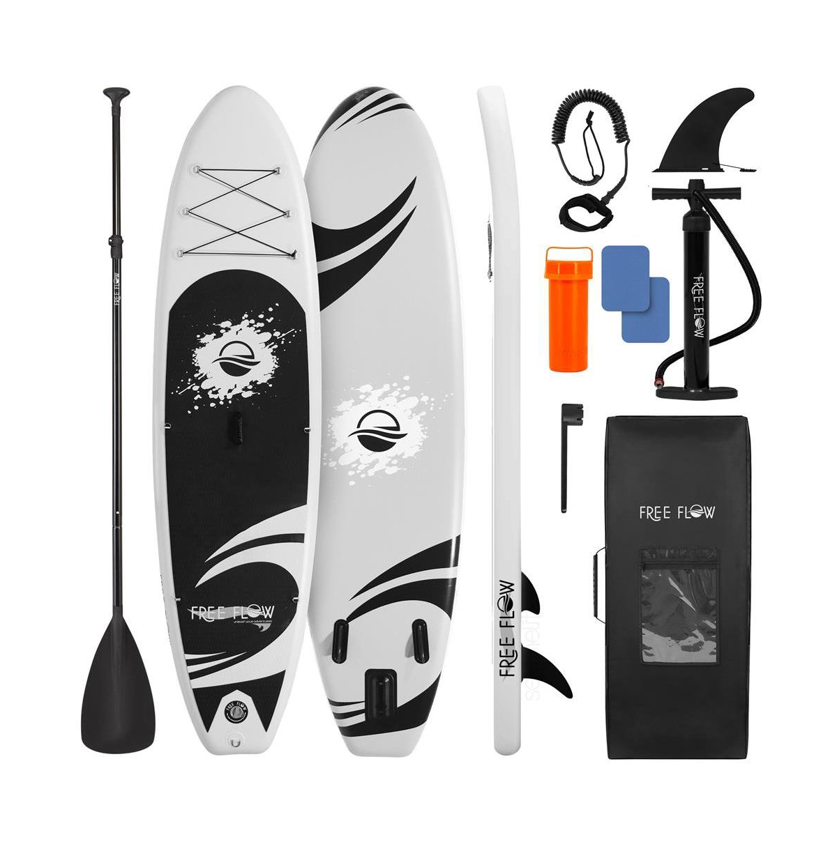 Free-Flow Welded Inflatable Stand-Up Paddle-Board with Double-Action Hand Pump, 3-Shaft Aluminum Paddle, Leash, Fin, Repair Kit - Black