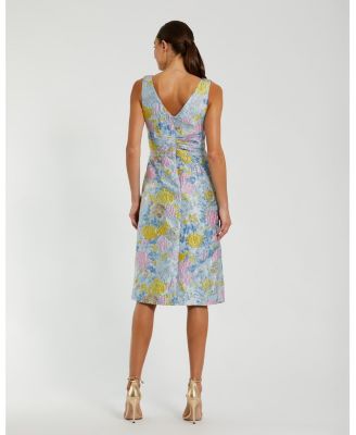 Women's Floral Brocade Sleeveless Midi Dress With Bow