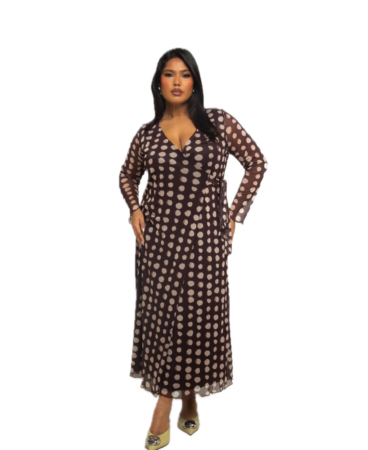 Women's Polka Dot Wrap Midaxi Dress - Brown