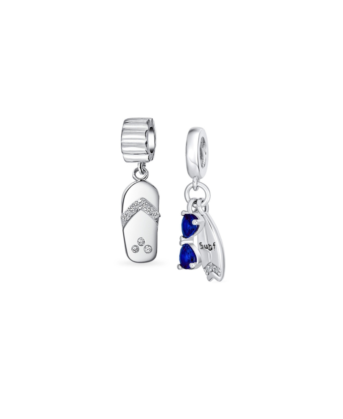 Set of 2 Tropical Beach Flip Flop Sandal & Fun Sports Blue Cz Sunglasses Surfboard Dangle Charm Bead Sterling Silver - Silver set