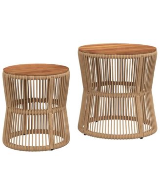 Patio Side Tables 2 pcs with Wooden Top Beige Poly Rattan