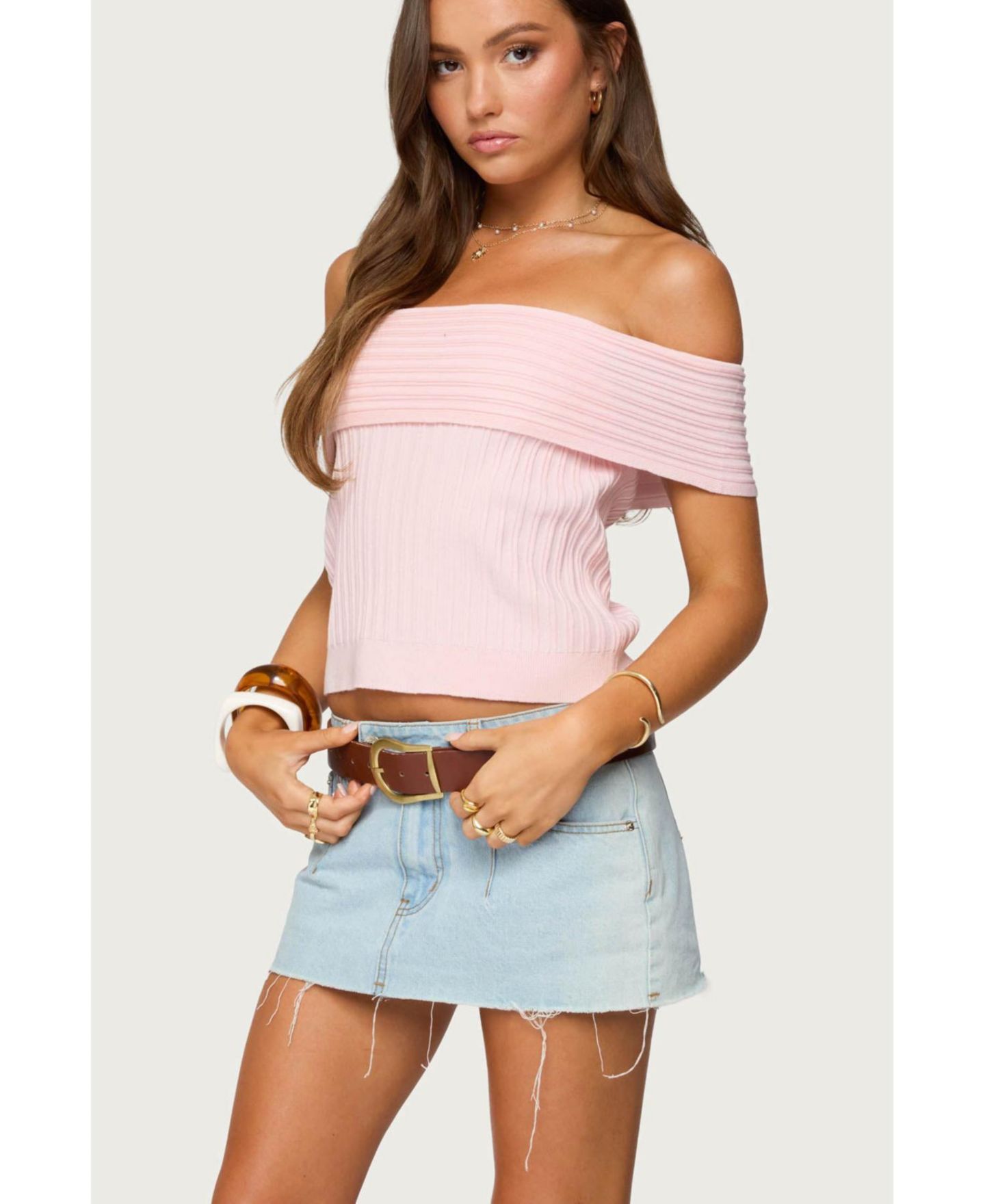 Женский топ Edikted Blythe Ribbed Knit Fold Over, цвет: Светлый розовый — фото 4