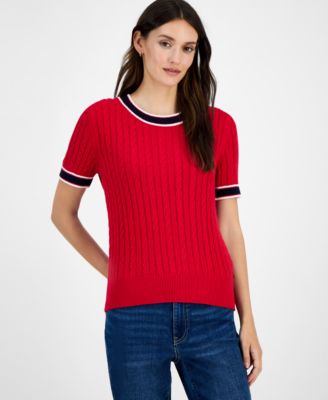Women's Cotton Short-Sleeve Cable Knit Sweater 