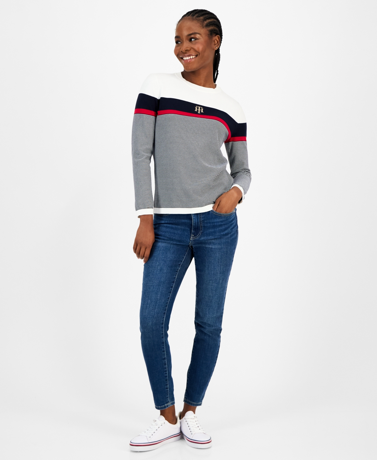 Tommy Hilfiger Women's Cotton Logo Striped Sweater In Multi
