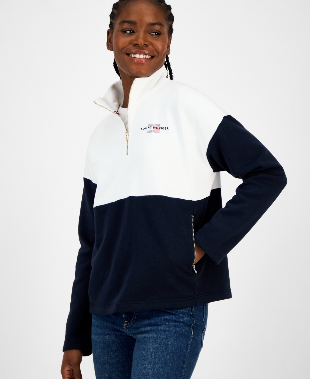 Tommy Hilfiger Women's Colorblock Quarter Zip Sweatshirt In Blue