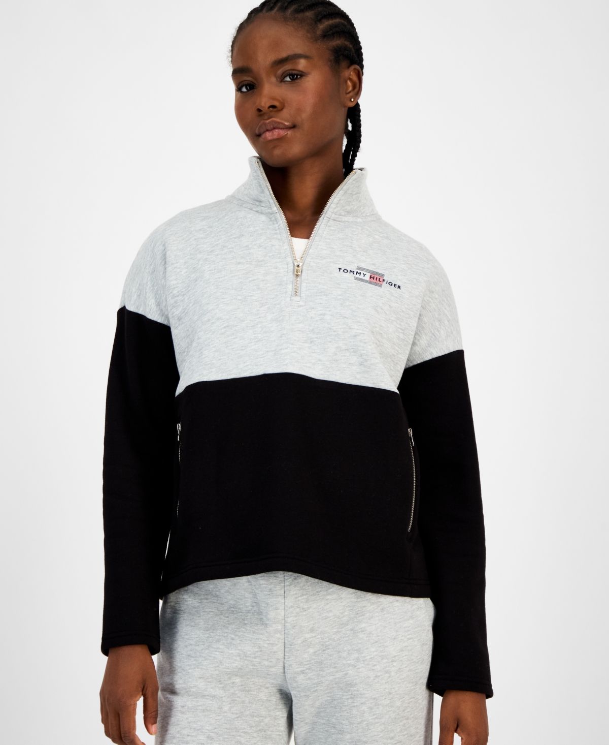 Tommy Hilfiger Women's Colorblock Quarter Zip Sweatshirt In Black
