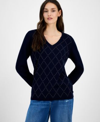 Tommy Hilfiger - Women's Studded Argyle Cotton V-Neck Sweater