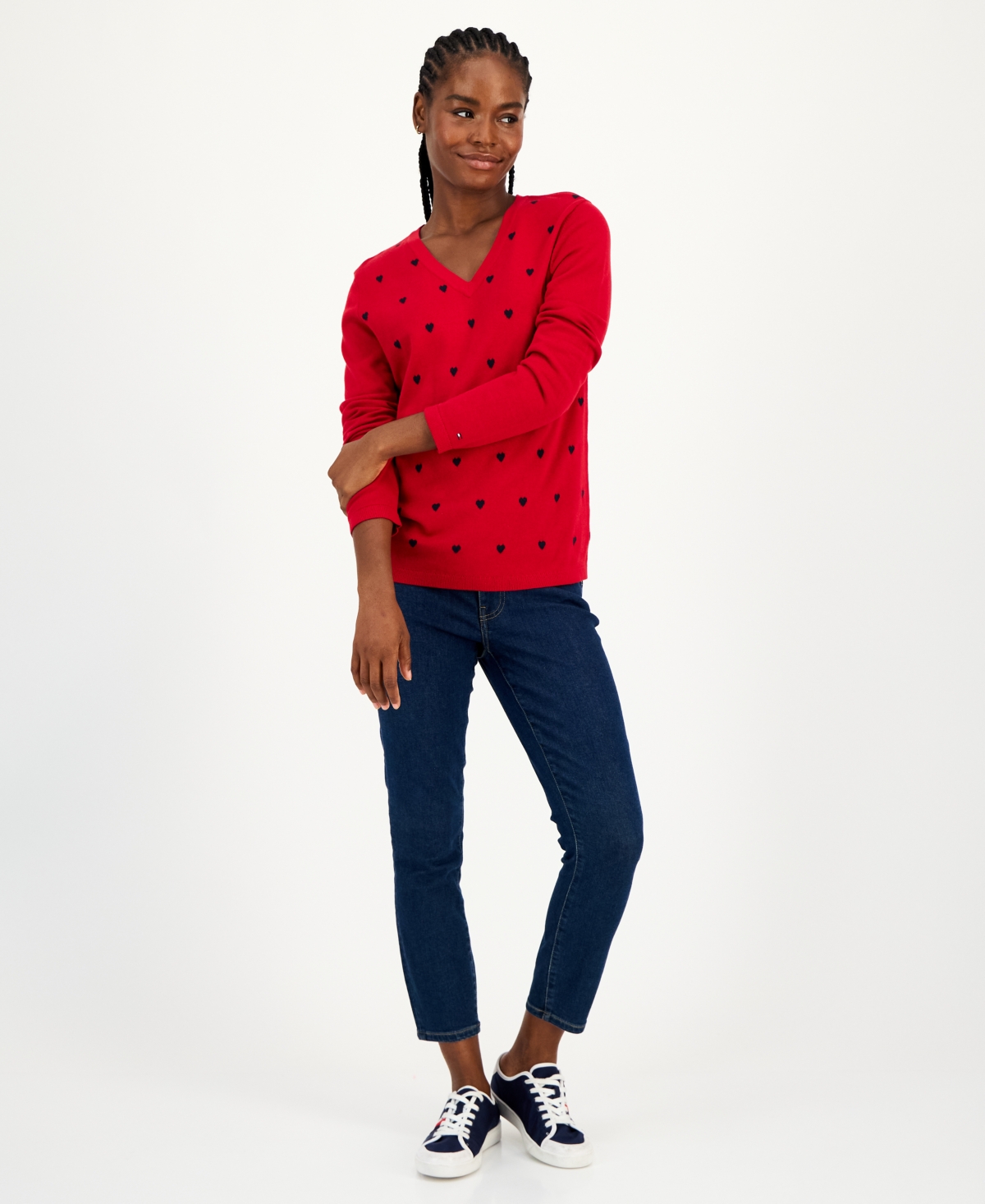 Tommy Hilfiger Women's Cotton Heart V-neck Sweater In Red