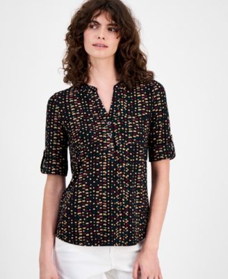 Ak Anne Klein Womens Printed Roll Tab Top P Xxs Xl In Brown