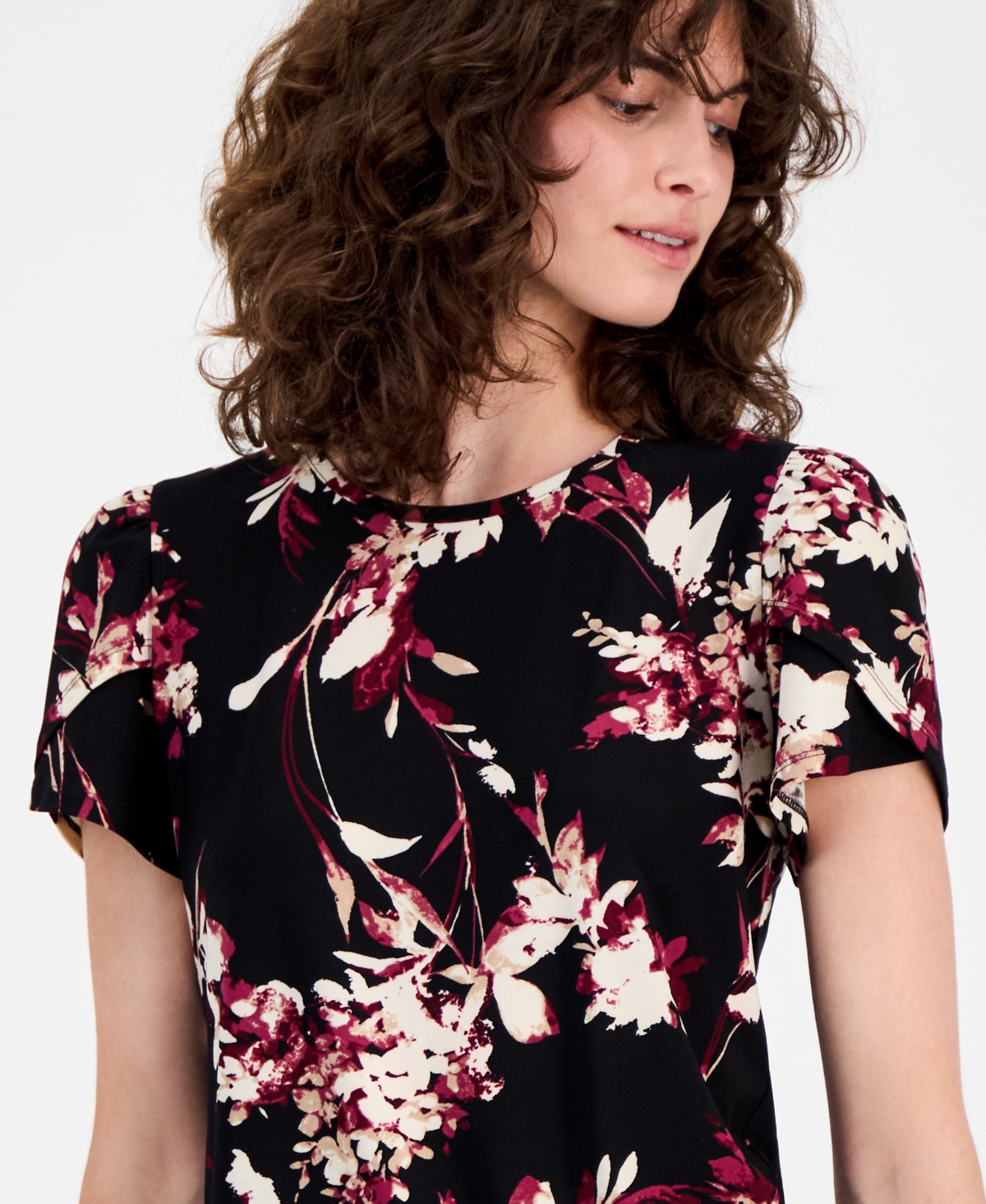 Ak Anne Klein Petite Tulip-sleeve Printed Knit Top In Multi