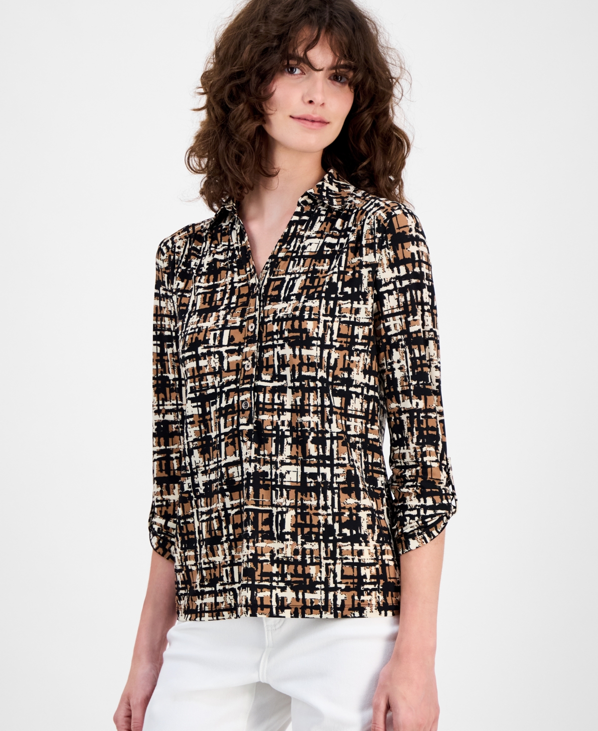 Ak Anne Klein Women's Printed Ruched-tab Shirt