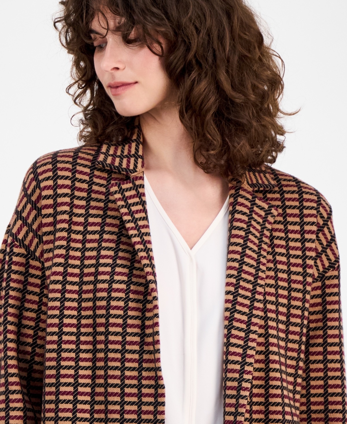 Ak Anne Klein Petite Checked Notched-collar Sweater In Brown
