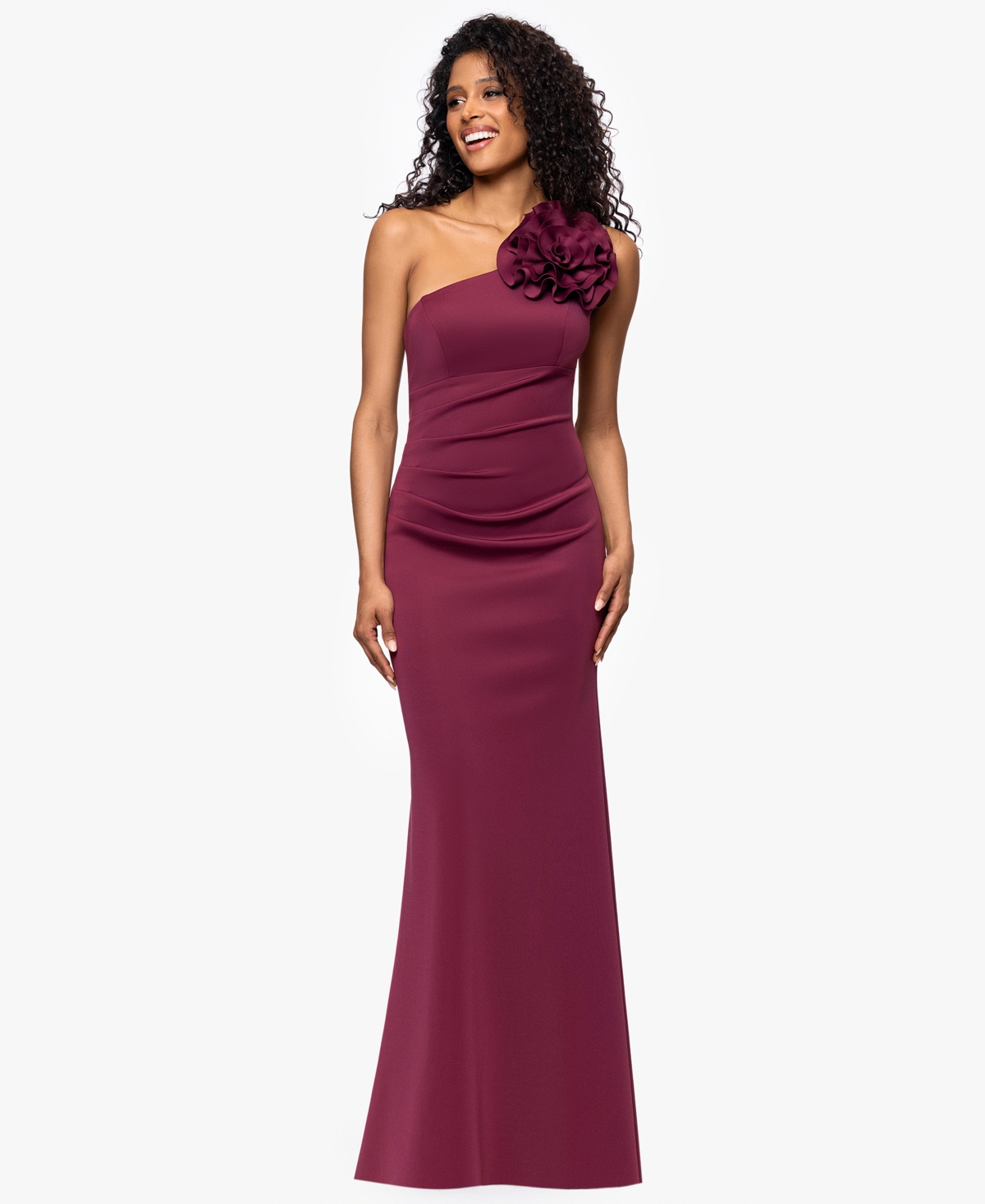 Women's Scuba One-Shoulder Flower Long Sheath Dress - Wine