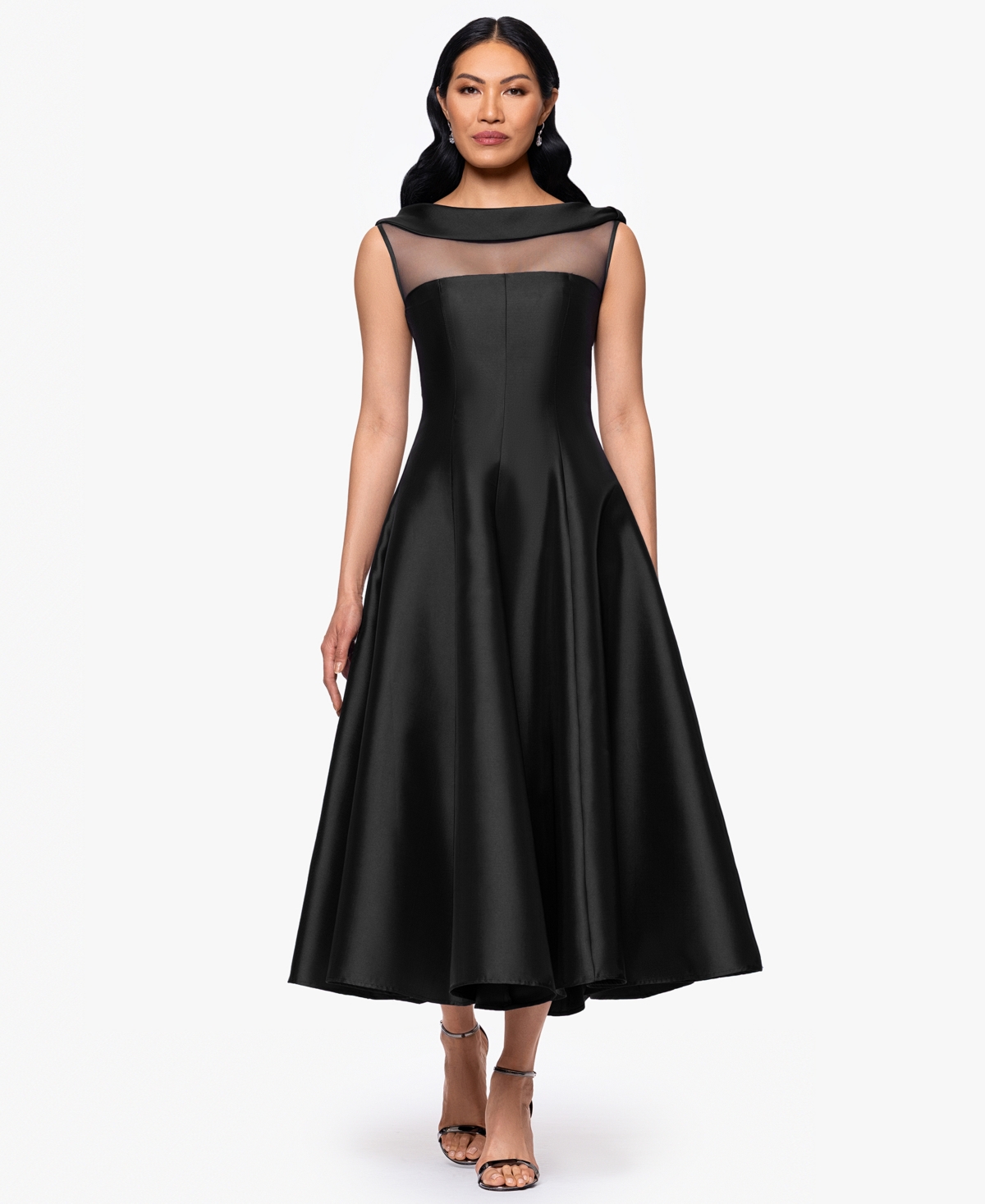 Women's Boat-Neck Bow-Shoulder A-Line Dress - Black