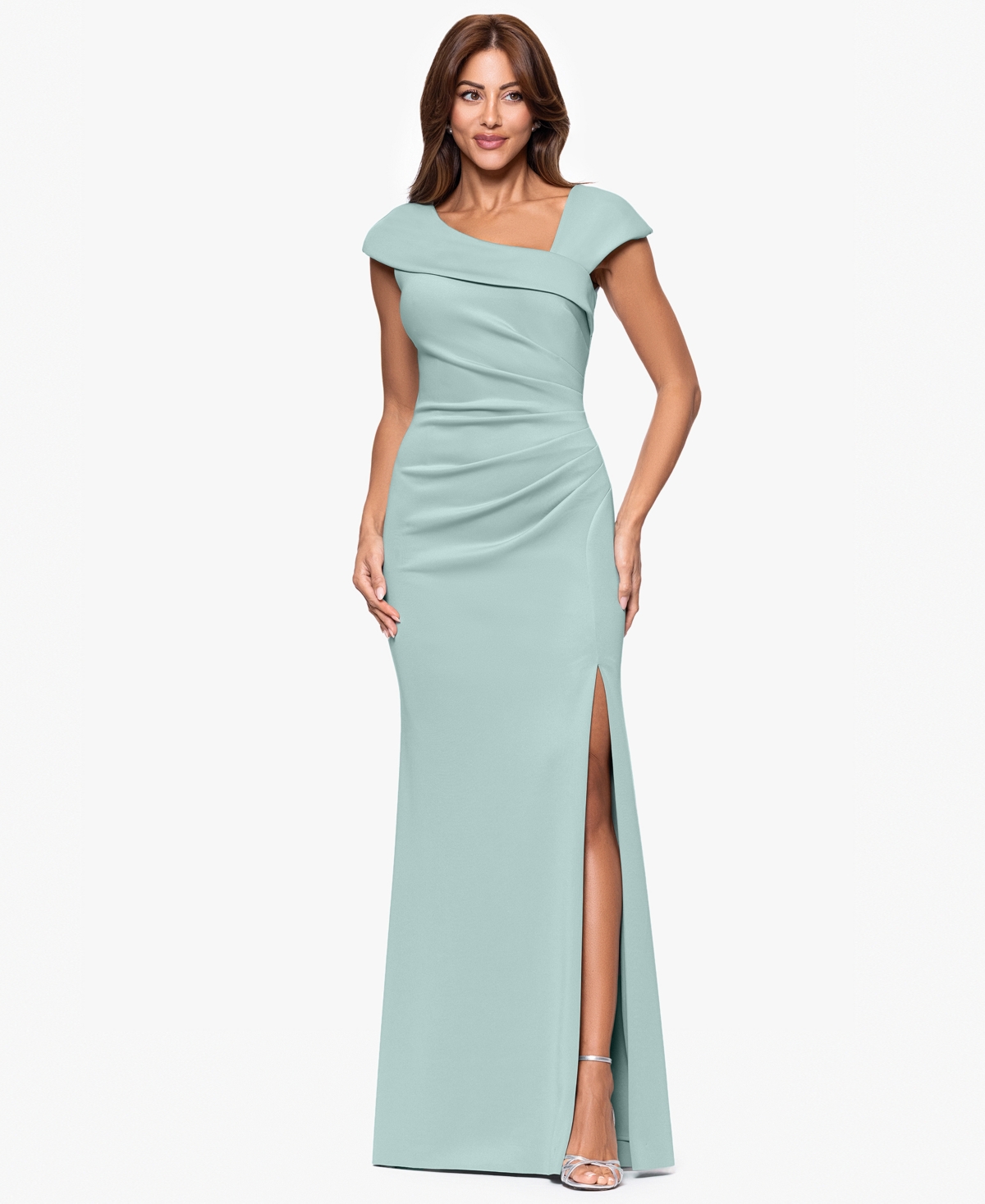 Women's Asymmetric-Neck Side-Slit Gown - Sage