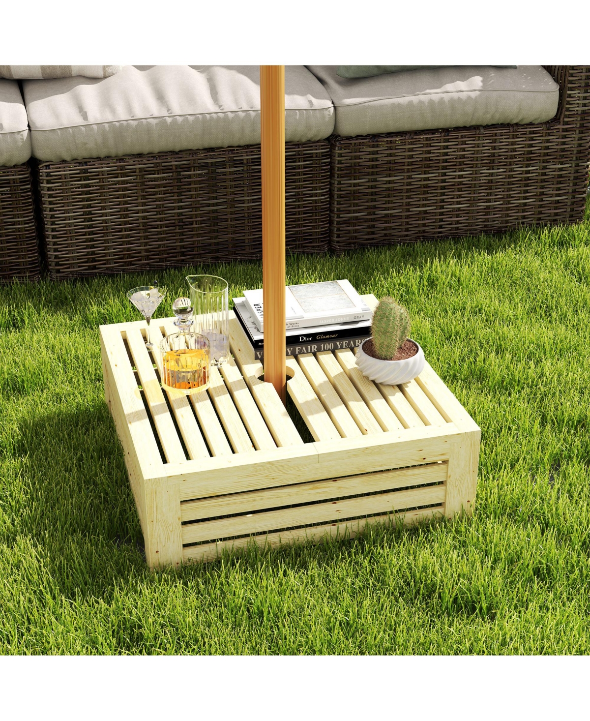 Outsunny Outdoor Storage Box for Umbrella Base, Wooden End Table